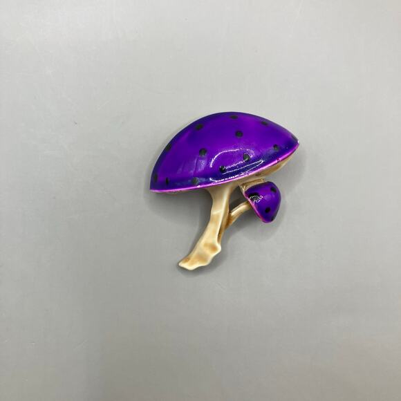 Mushroom Brooch Pin Purple Gold Tone Metal Glazed Small Artsy Boho - Picture 2 of 8